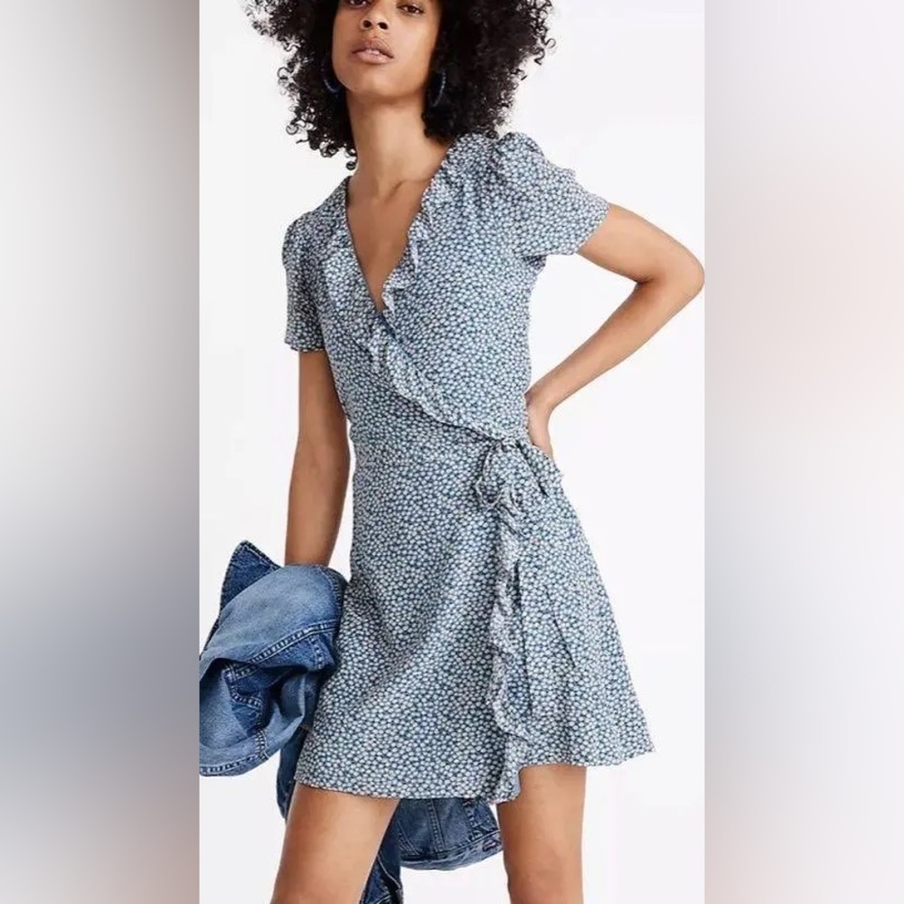 Madewell Silk Ruffle Edge Wrap Mini Dress Bitsy Floral Ocean Blue Women’s Medium